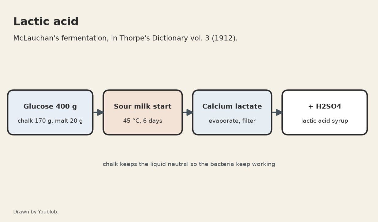 Lactic Acid: Glucose Fermented over Chalk, Freed with Sulphuric Acid