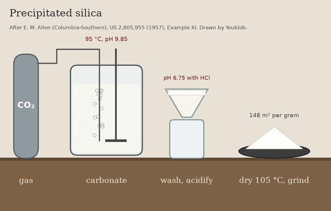 Precipitated Silica: Hot Water Glass Carbonated, Then Acidified to pH 6.75 (Allen 1957)